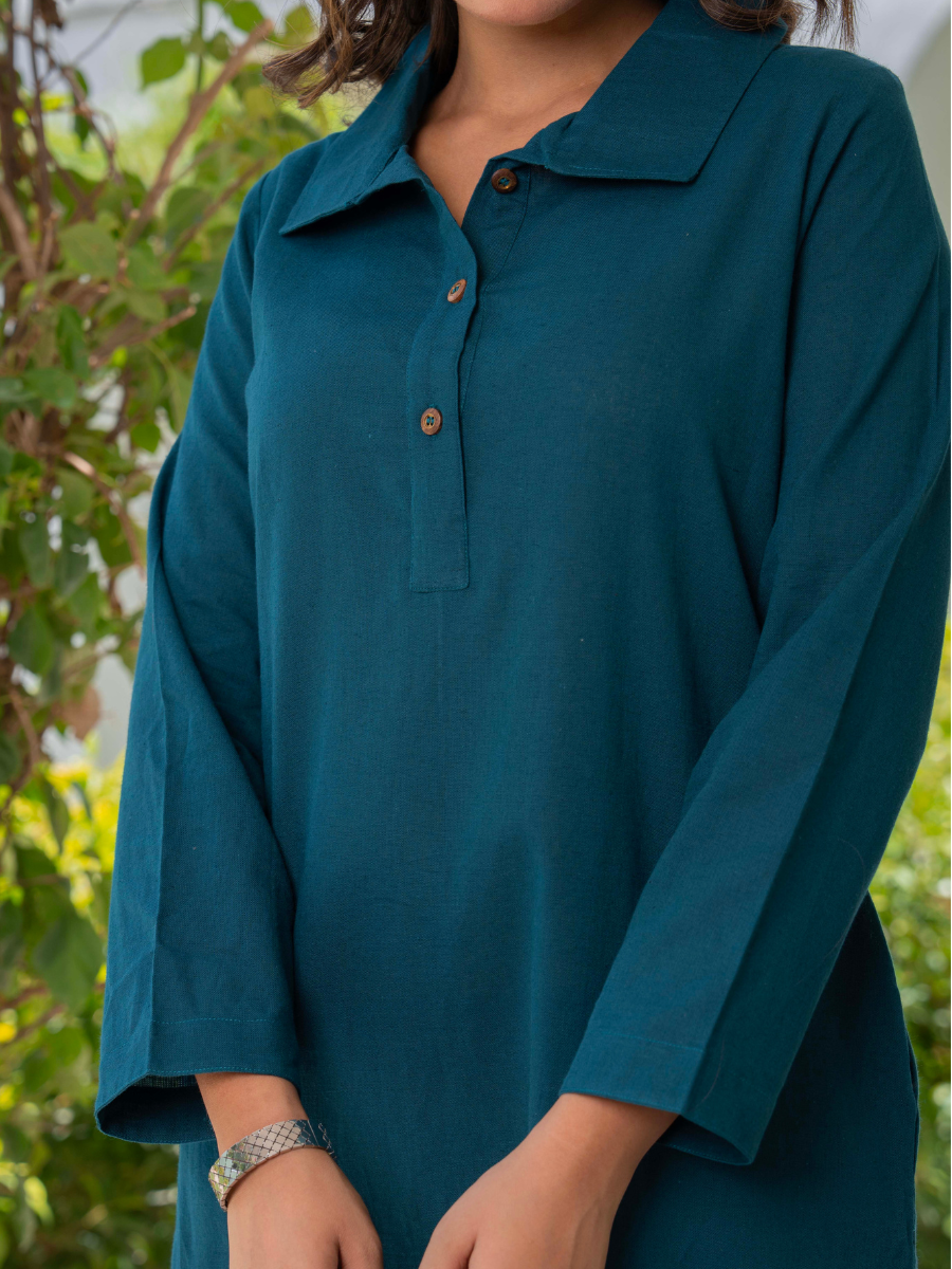 Teal Linen‑Cotton Collared Midi Dress – Relaxed Polo Shirt Dress